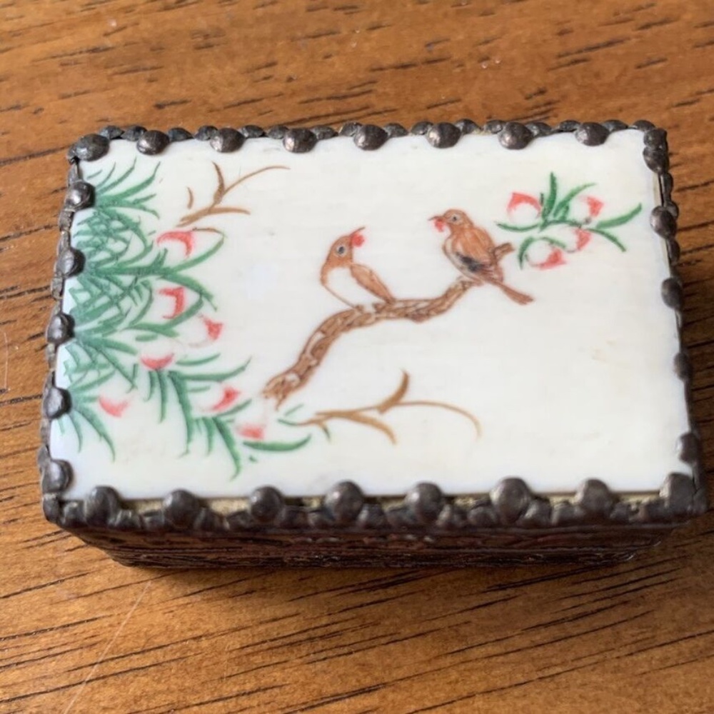 Vintage Asian Porcelain Hand Painted Birds Floral Branch Trinket Box W/ Mirror